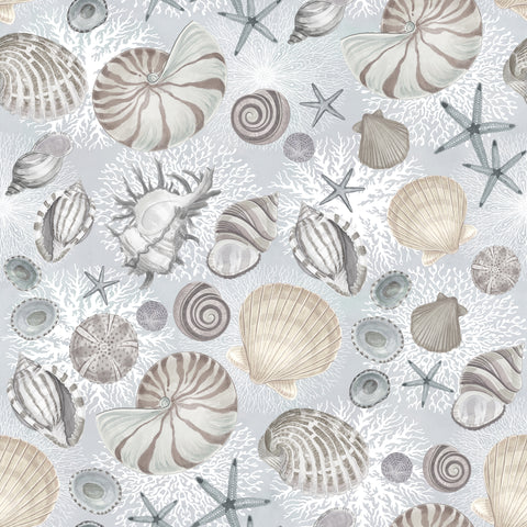 Stitch & Sparkle Surrender To The Sea-Shells On Grey 100% Cotton Fabric 44" Wide, Quilt Crafts Cut by The Yard