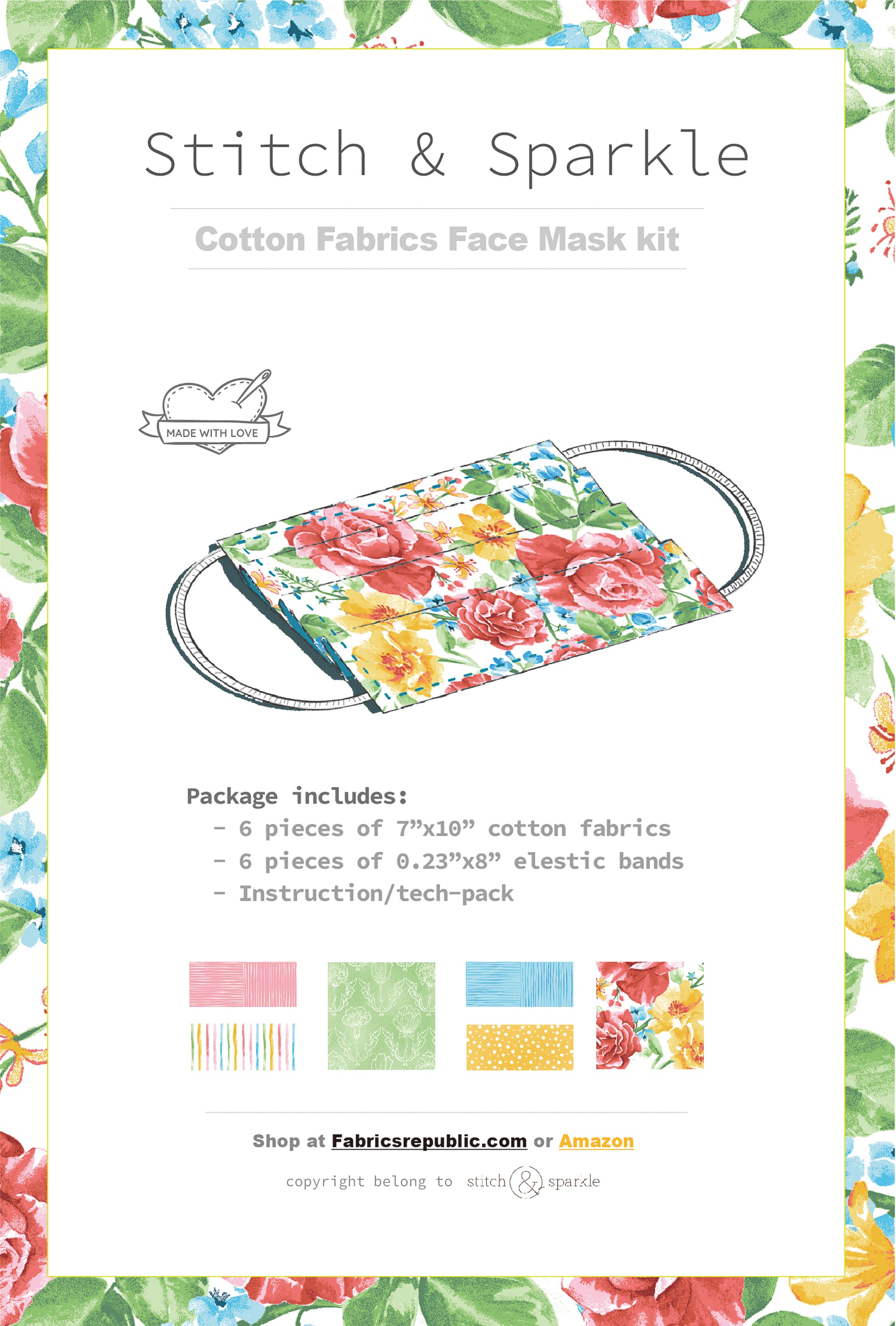 DIY Face Mask Kit for 3 Reuseable Masks.The kit Includes 6 Pieces of 100% Cotton Fabrics and 6 Pieces of Elastic Bands