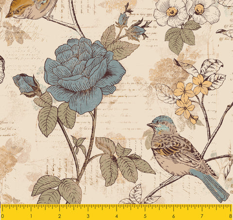 AVIARY-SS AY Words Bird Beige 100% Cotton Print fabric - SSAY001