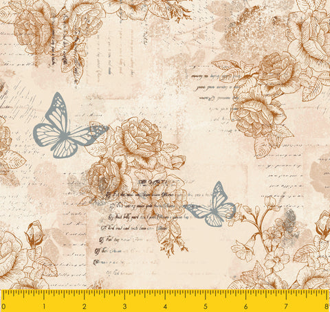 AVIARY-SS AY Words Butterly Beige 100% Cotton Print fabric