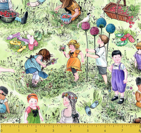 Stitch & Sparkle Maries Picnic-Kids in grass 100% Cotton Fabric 44" Wide, Quilt Crafts Cut by The Yard