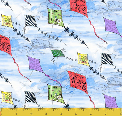 Stitch & Sparkle Maries Picnic-Kites Clouds 100% Cotton Fabric 44" Wide, Quilt Crafts Cut by The Yard