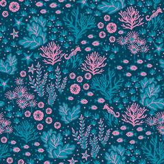 Stitch & Sparkle Fabrics, Under The Sea, Blue & Pink Seaweed Cotton Fabrics,  Quilt, Crafts, Sewing, Cut By The Yard
